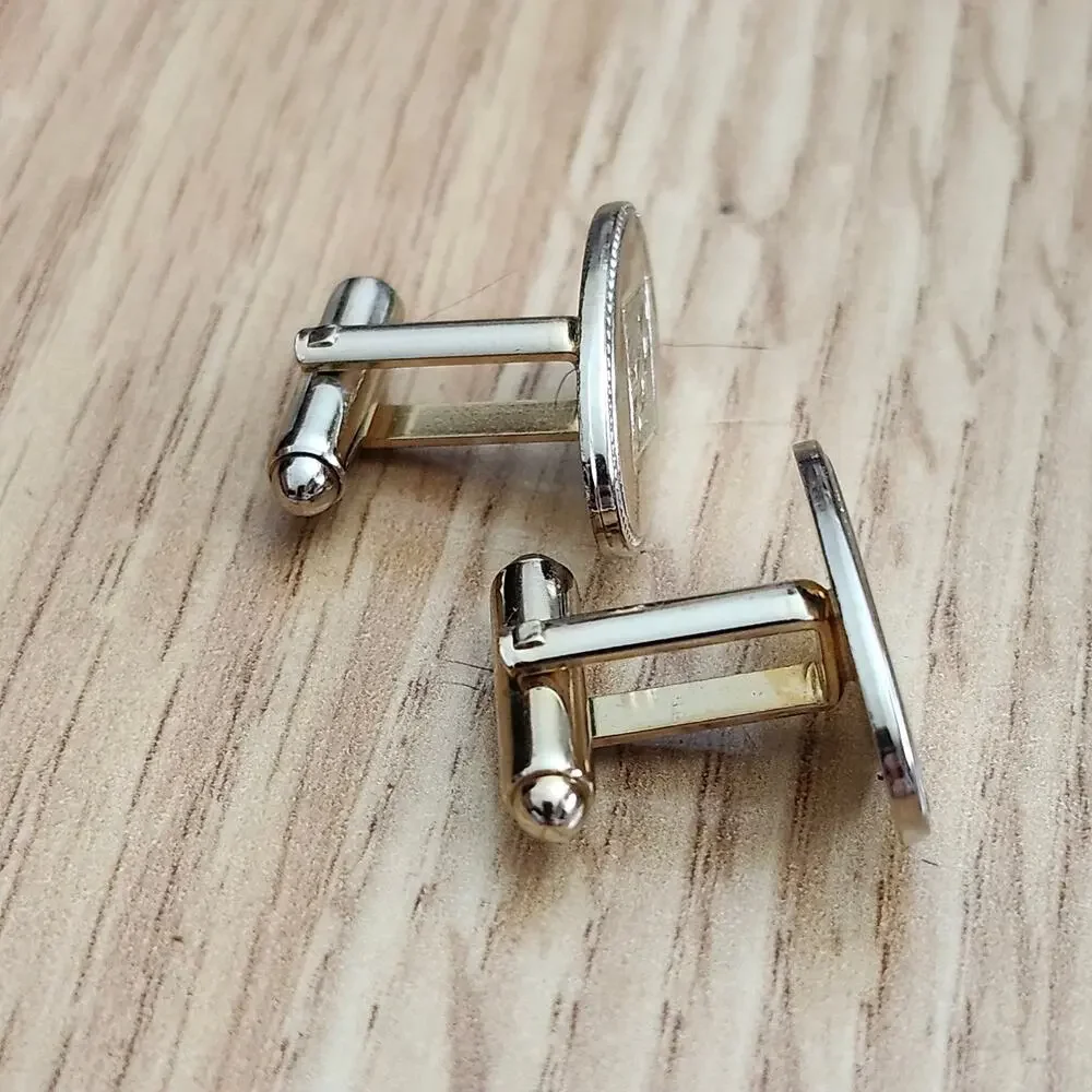 Shields Mens Gold Tone Oval Cufflinks Engraved Geometric Diamond Chain Border